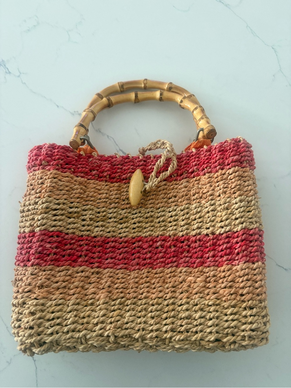 Woven Straw Tote Bag Purse with Bamboo Handles